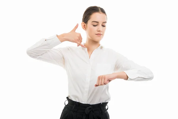 Retrato Una Joven Mujer Negocios Bonita Haciendo Cita Telefónica Aislada — Foto de Stock