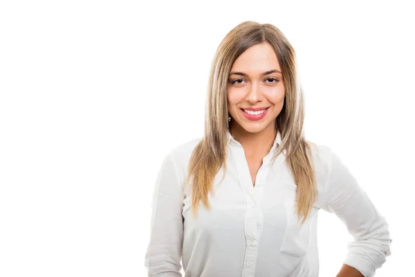 Portrait Beautiful Business Woman Posing Looking Sexy Smiling Isolated White — Stock Photo, Image