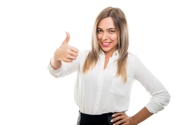 Portrait Beautiful Business Woman Showing Gesture Smiling Isolated White Background — Stock Photo, Image