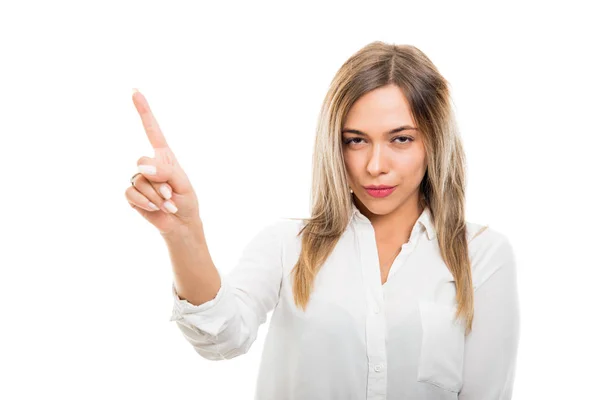 Jovem Mulher Negócios Bonita Mostrando Gesto Negação Isolado Fundo Branco — Fotografia de Stock