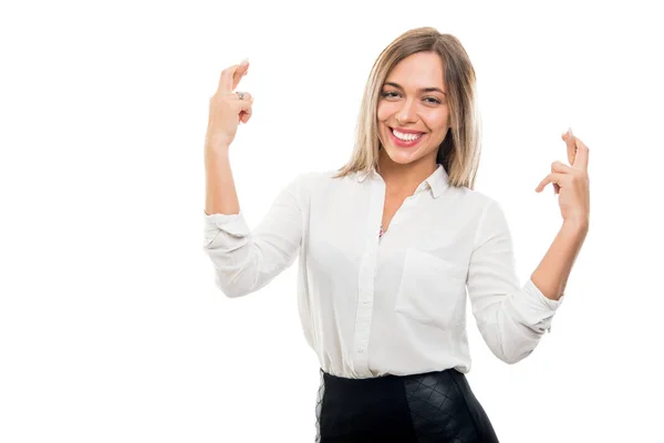 Ritratto Bella Donna Affari Che Mostra Doppie Dita Incrociate Sorridenti — Foto Stock