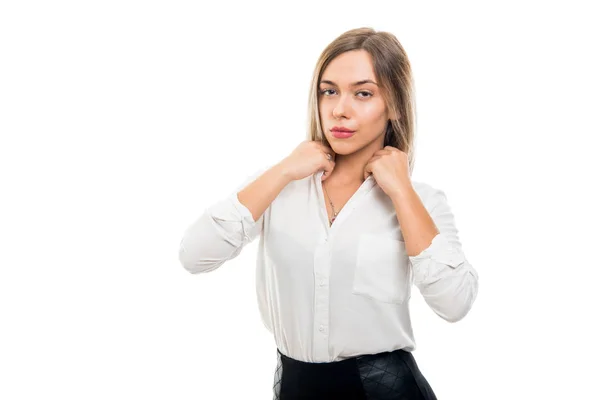 Ritratto Bella Donna Affari Organizzare Camicia Isolata Sfondo Bianco Con — Foto Stock