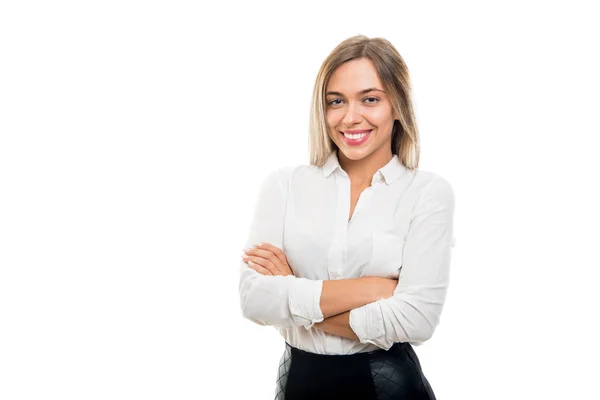 Portrait Beautiful Business Woman Standing Arms Crossed Isolated White Background — Stock Photo, Image