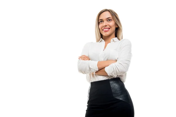 Low Angle Beautiful Business Woman Standing Arms Crossed Isolated White — Stock Photo, Image