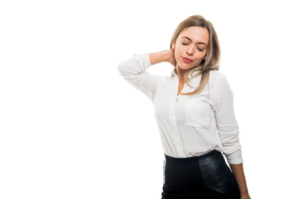 Portrait Beautiful Business Woman Gesturing Neck Ache Isolated White Background — Stock Photo, Image