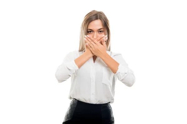 Mooie Zakenvrouw Die Betrekking Hebben Mond Alsof Niet Spreken Geïsoleerd — Stockfoto