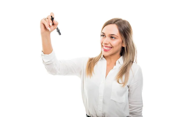 Beautiful Business Woman Writing Black Marker Smiling Isolated White Background — Stock Photo, Image