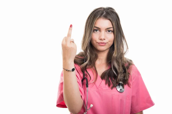 Retrato Hermoso Médico Joven Con Uniformes Rosados Que Muestran Gesto —  Fotos de Stock