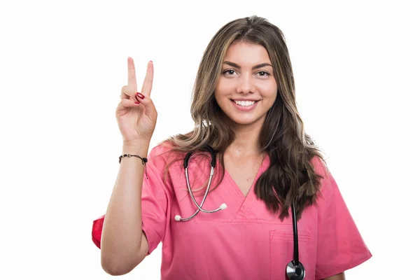Portret Piękny Młody Lekarz Noszenia Różowe Zarośla Wyświetlono Pokoju Gest — Zdjęcie stockowe
