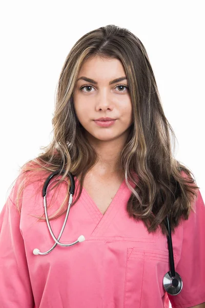 Portrait Beautiful Young Doctor Wearing Pink Scrubs Isolated White Background — Stock Photo, Image