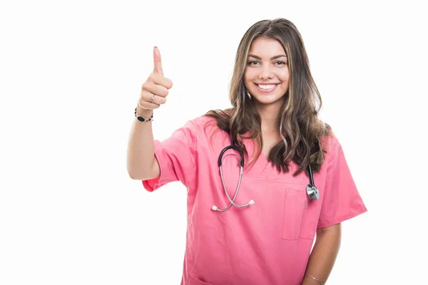 Portret Piękny Młody Lekarz Sobie Różowy Zarośla Wyświetlono Kciuk Gest — Zdjęcie stockowe