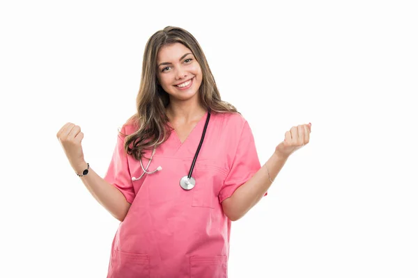 Portrait Beautiful Young Doctor Wearing Scrubs Holding Fists Winning Gesture — Stock Photo, Image