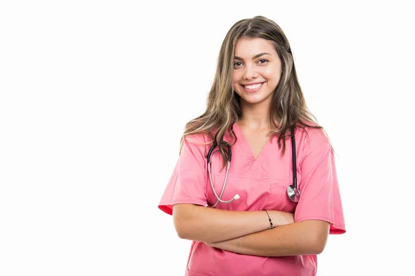 Retrato Hermoso Médico Joven Con Matorrales Pie Con Los Brazos —  Fotos de Stock