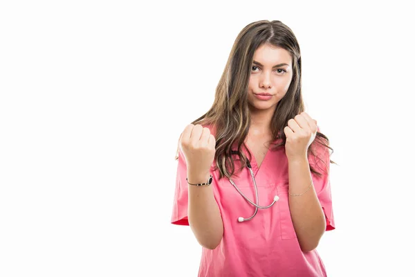 Retrato Hermoso Médico Joven Que Usa Matorrales Sosteniendo Puños Como —  Fotos de Stock