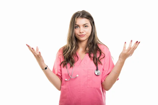Portrait Beautiful Young Doctor Holding Arms Spread Being Confused Isolated — Stock Photo, Image