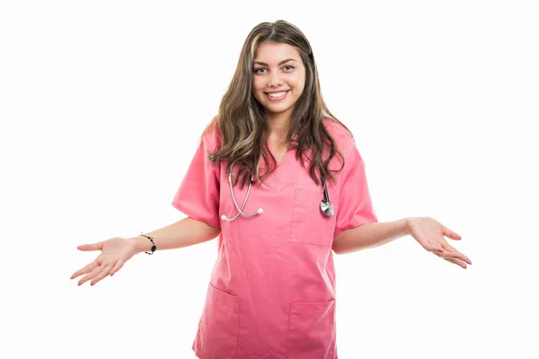 Portrait Beautiful Young Doctor Gesturing Knowing Being Confused Isolated White — Stock Photo, Image