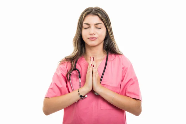 Retrato Hermoso Médico Joven Usando Exfoliantes Haciendo Gesto Oración Con —  Fotos de Stock