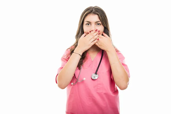 Portrait Beautiful Young Doctor Covering Mouth Mute Concept Isolated White — Stock Photo, Image