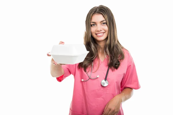 Portrait Beautiful Young Doctor Handing Lunch Box Isolated White Background — Stock Photo, Image