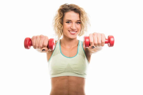 Beautiful Young Fit Girl Working Out Dumbbells Isolated White Background — Zdjęcie stockowe