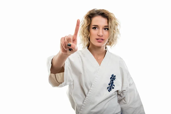 Portrait Young Female Wearing Martial Arts Uniform Using Touchscreen Isolated — Stock Photo, Image