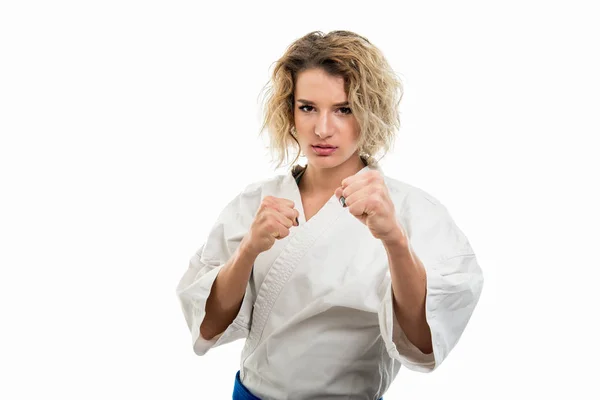 Portrait Female Wearing Martial Arts Uniform Showing Fists Fighting Isolated — Stock Photo, Image