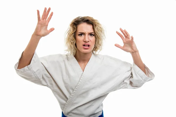 Portrait Female Wearing Martial Arts Uniform Making Angry Gesture Isolated — Stock Photo, Image