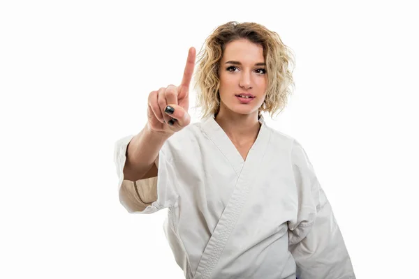 Porträt Einer Jungen Frau Kampfsportuniform Mit Touchscreen Auf Weißem Hintergrund — Stockfoto
