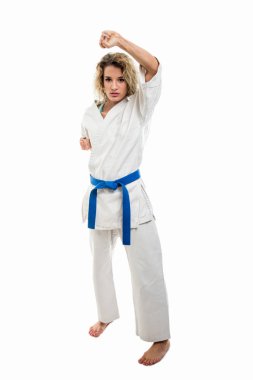 Dövüş sanatları karate izole üzerinde beyaz arka plan hareket yapma üniforma giyen erkek