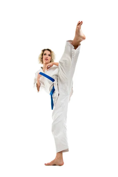 Full Body Woman Making Martial Arts Kicking Wearing White Outfit — Stock Photo, Image