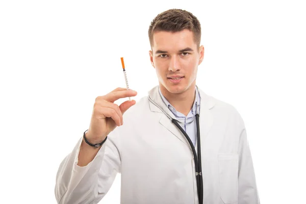 Portrait of young handsome doctor holding diabetes shot — Stock Photo, Image