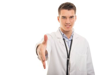 El sıkışma sunan genç yakışıklı doktor portresi