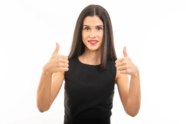 Portrait of beautiful young lawyer posing showing double  like g — Stock Photo, Image