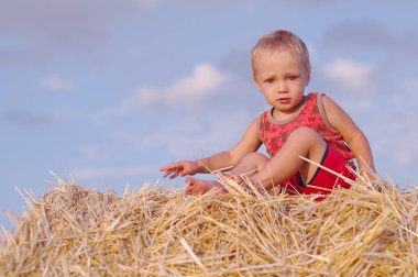 Buğday tarlası samanlıkta oturan bir yaz şapkalı küçük çocuk portresi. Güzel gün batımı