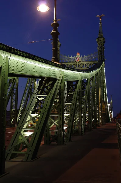 Night view of Chain bridge on Danube river in Budapest city. Hungary. Old european bridge