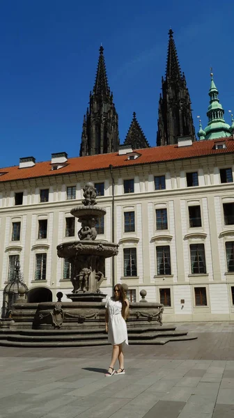 Prag 'daki Prag Kalesi' nde güneşli bir günde fıskiyenin yanında poz veren genç kız öğrenci. — Stok fotoğraf