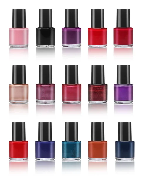 Various Colors Nail Lacquers Contained Transparent Bottles White Background — Stock Photo, Image