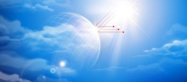 3d resimde güneş yansıma simgesiyle mavi gökyüzü