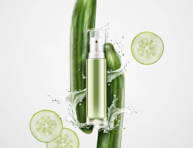 Boş püskürtülen ilaç şişe salatalık ve 3d çizimde, kozmetik tasarım öğeleri beyaz zemin üzerine sıçramasına sıvı ile