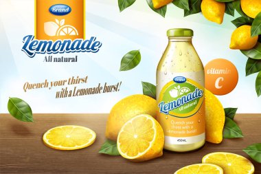 Doğal limonata suyu dilimlenmiş meyve 3d çizim, orchard çerçeve ahşap tablo