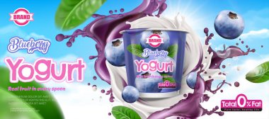 Böğürtlenli yoğurt reklam madde 3d resimde mavi gökyüzü arka plan üzerinde konteyner çevresinde swirling ile