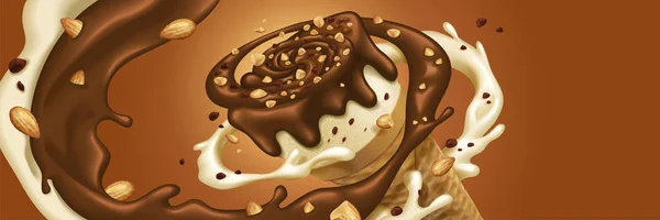 巧克力冰淇淋锥与酱和坚果围绕它旋转 — 图库矢量图片