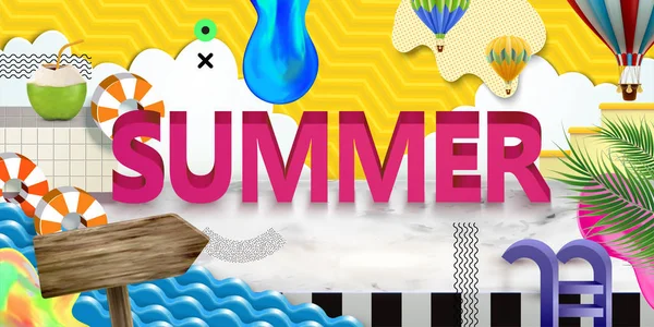 Lebendiges Sommerplakat Mit Papierkunstszene — Stockvektor