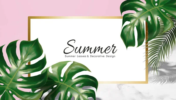Sommer Dekorative Design Mit Tropischen Blättern Auf Geometrischem Hintergrund Rosa — Stockvektor