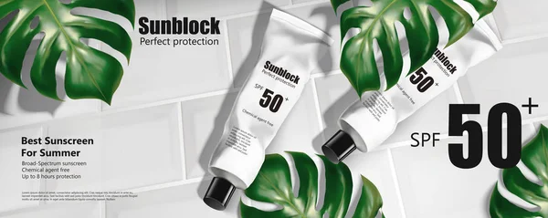 Sunblock Tube Reklamy Białe Płytki Tropikalny Liści Ilustracja — Wektor stockowy