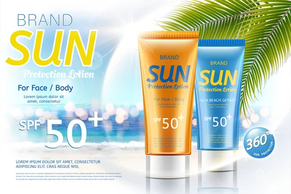 Sonnenschutzmittel Rohr Produkt Auf Bokeh Sommer Resort Hintergrund Illustration — Stockvektor