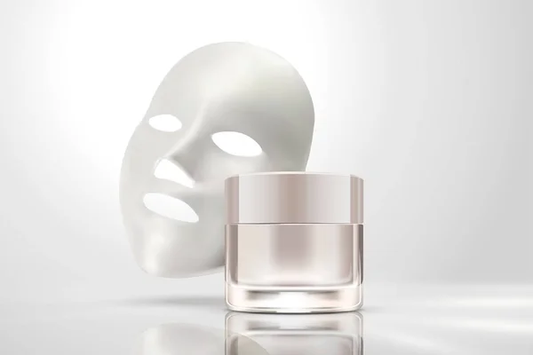 Gesichtsmaske Mit Cremeglas Isoliert Auf Perlweißem Hintergrund Illustration — Stockvektor