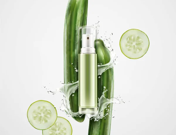 Lege Spuitfles Met Komkommer Spetterend Vloeistof Witte Achtergrond Illustratie Cosmetische — Stockvector