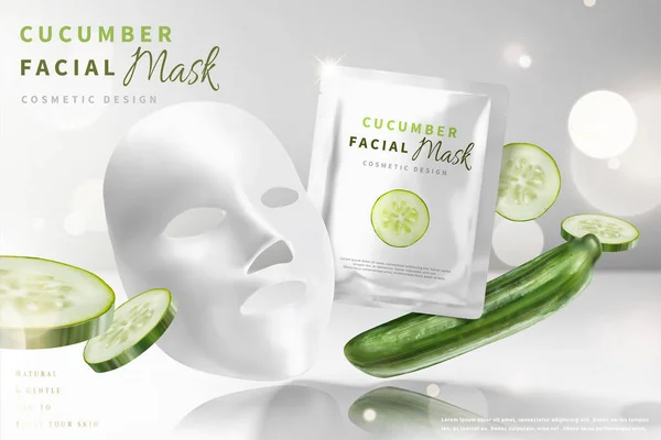 Gurka Ansiktsmask Med Ingredienser Illustration Glitter Pärla Vit Bakgrund — Stock vektor