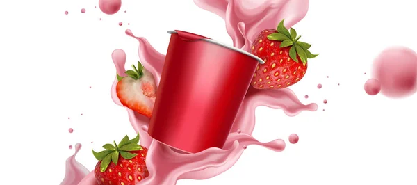 Spruzzare Yogurt Alla Fragola Con Frutta Fresca Contenitore Tazza Illustrazione — Vettoriale Stock